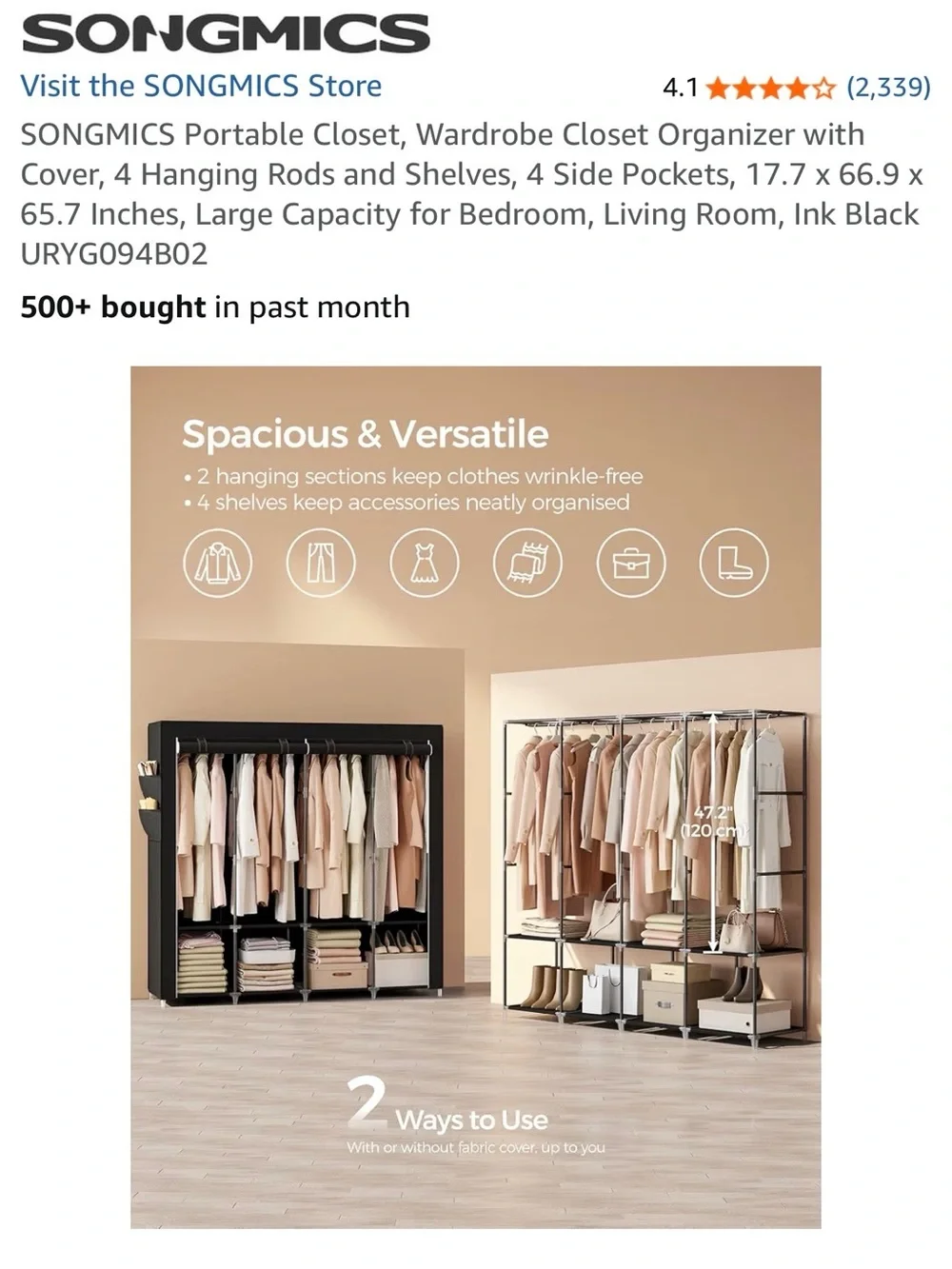 SONGMICS Black Portable Wardrobe Closet Organizer with Cover